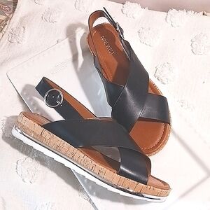 Nine West ⚜️ Cork Design Silver Trim  Black Sandal  9.5